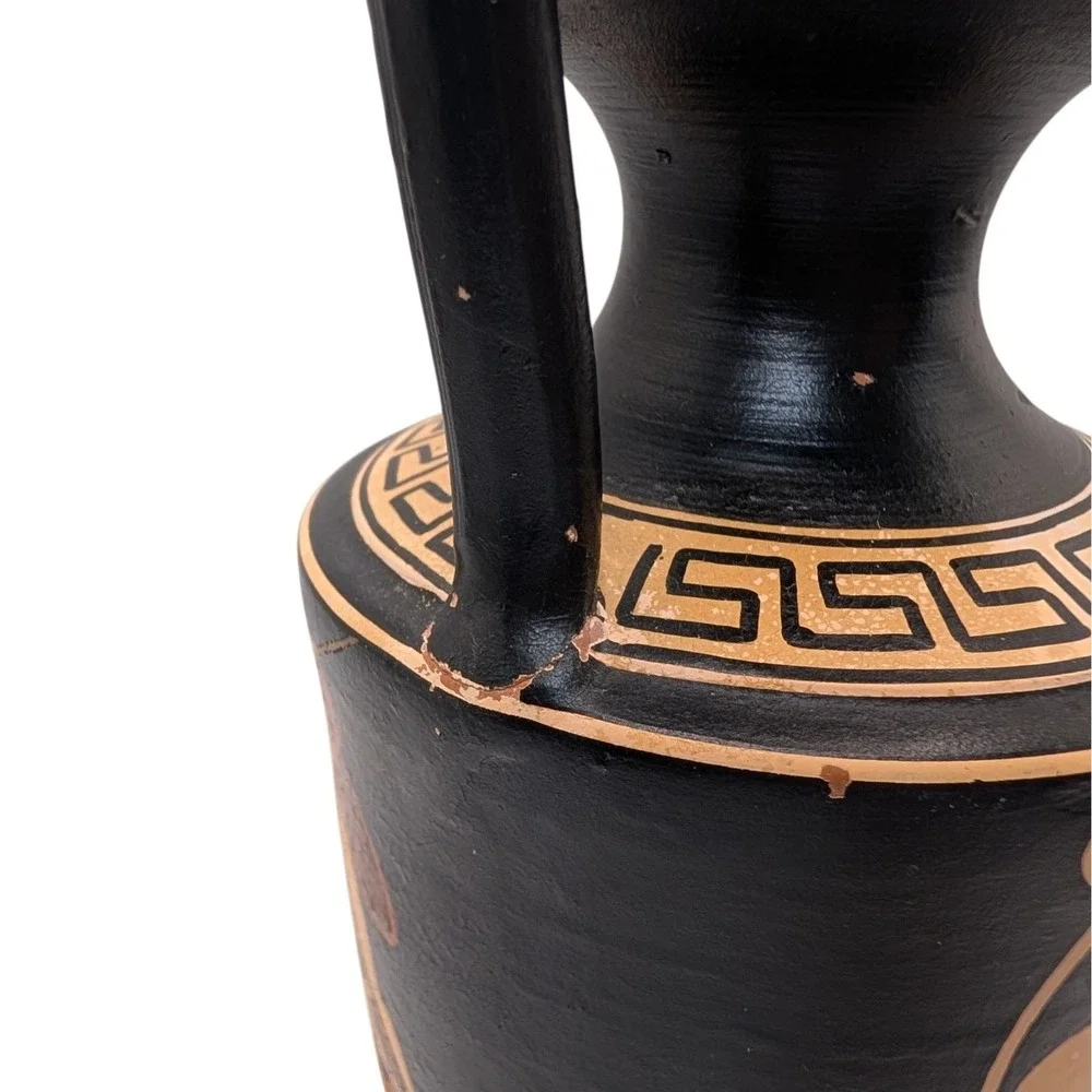 Greek Urn Vase Handmade Red Clay Pottery Grecian Warriors Double Handles SEE